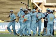 JOHANNESBURG, SOUTH AFRICA - SEPTEMBER 24:  , MS Dhoni and India celebrate their Victory during the final match of the ICC Twenty20 World Cup between Pakistan and India held at the Wanderers Cricket Stadium on September 24, 2007  in Johannesburg, South Africa. (Photo by Duif du Toit/Gallo Images/Getty Images)
